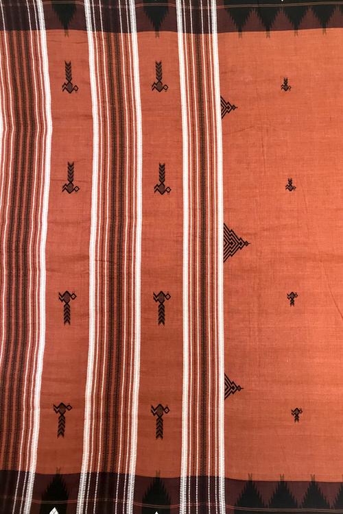 Kotpad' Tribal Odisha Handloom Cotton Orange with Navy blue Border Saree