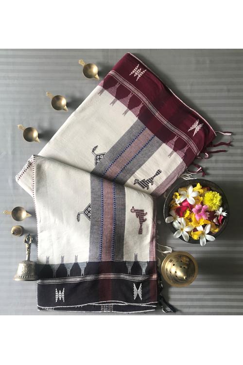 Kotpad' Tribal Odisha Handloom Cotton Offwhite Maroon and Coffee Border Saree