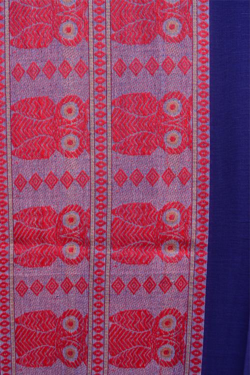 Bengal Handloom Traditional Owl Designed Red & Blue Cotton Saree.