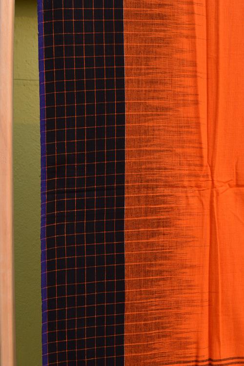 Bengal Handloom Traditional Checkard Border Soft Cotton Orange Saree