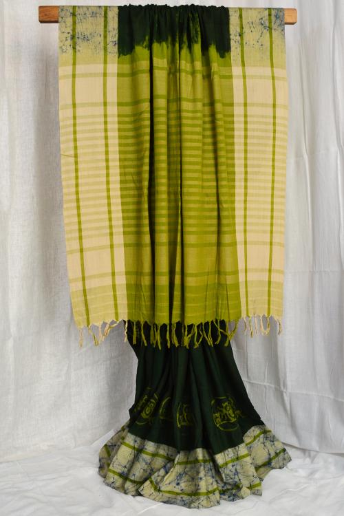 Bengal Handloom Cotton Saree Col- Deep Green, Pista Green And Offwhite