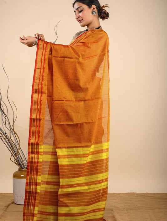 Traditional elegance. Fine Ilkal Cotton Blend Saree - Warm Orange