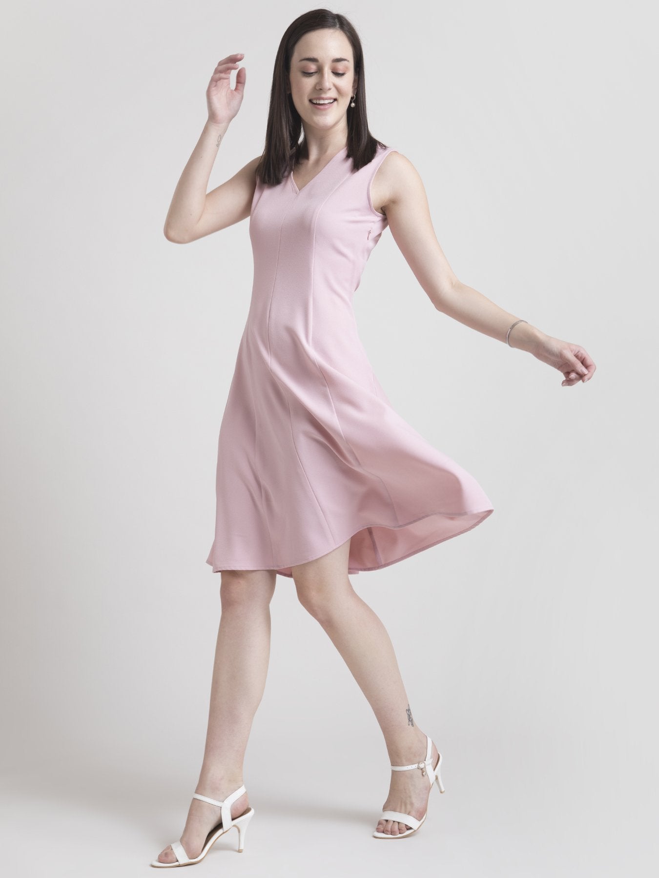 V Neck A Line Dress - Baby Pink
