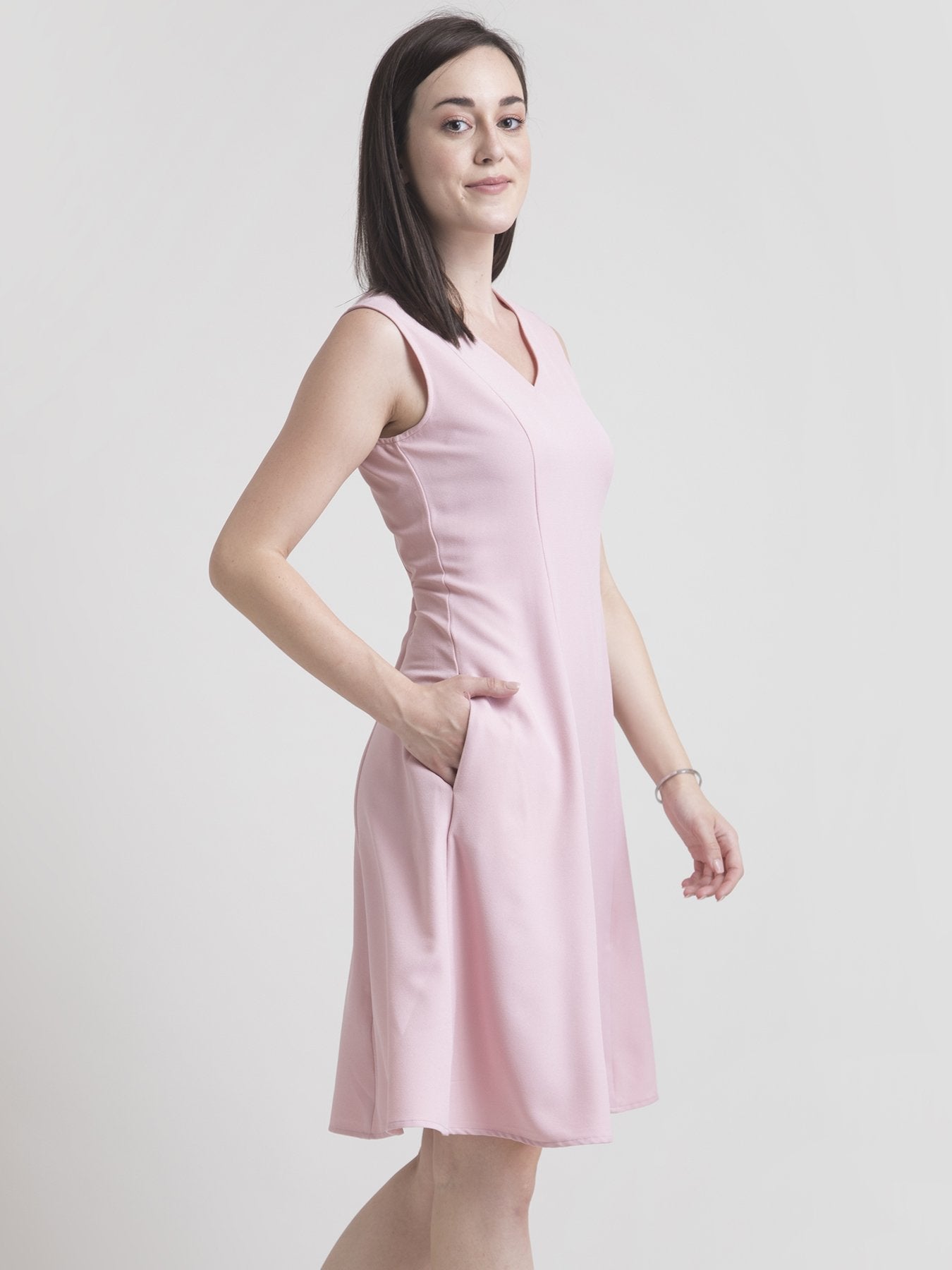 V Neck A Line Dress - Baby Pink