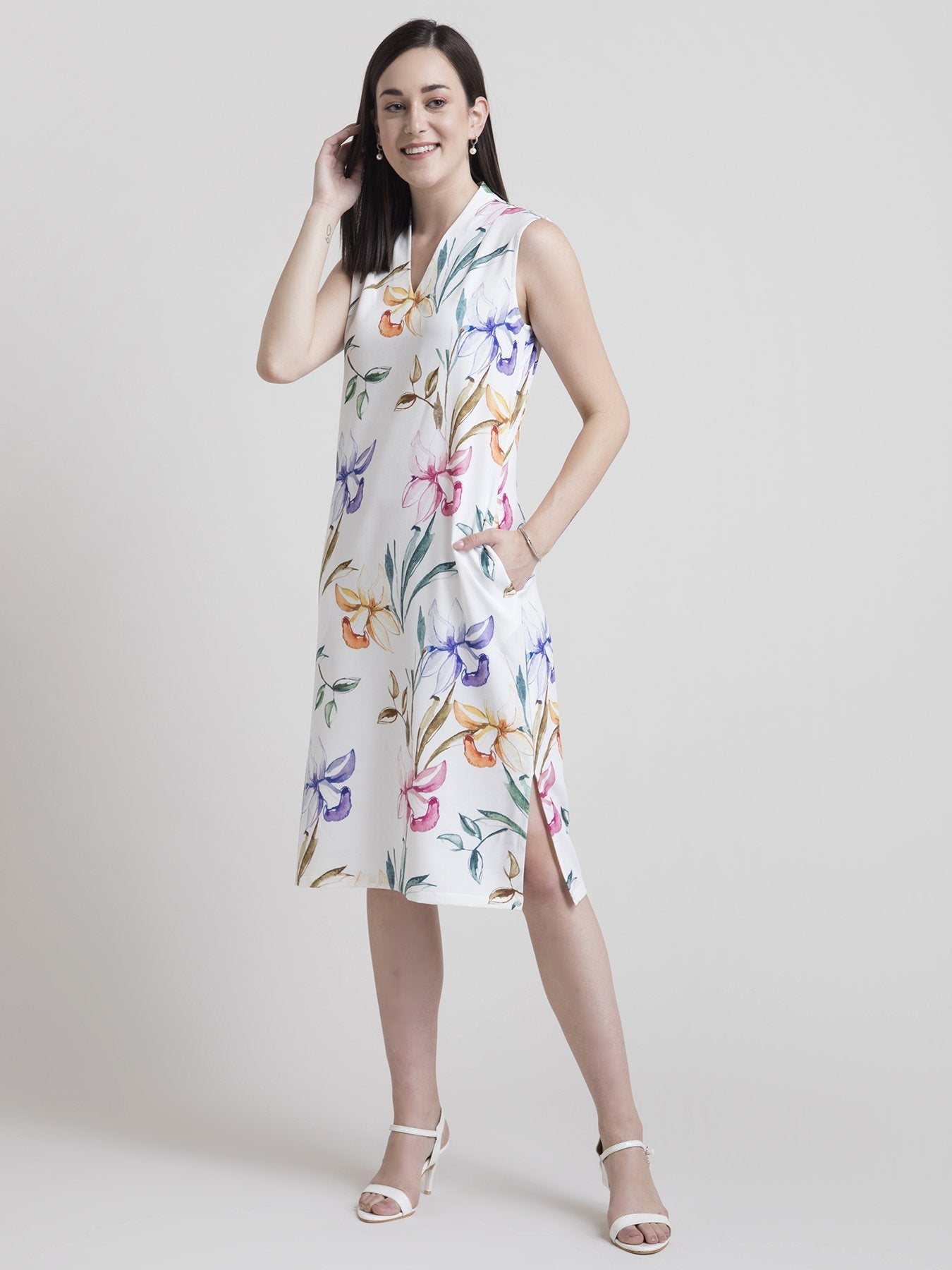 V Neck Floral Shift Dress - White and Yellow
