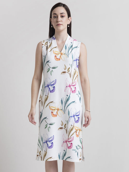 V Neck Floral Shift Dress - White and Yellow