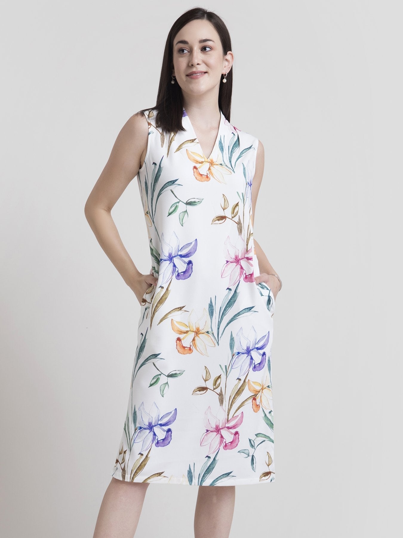 V Neck Floral Shift Dress - White and Yellow
