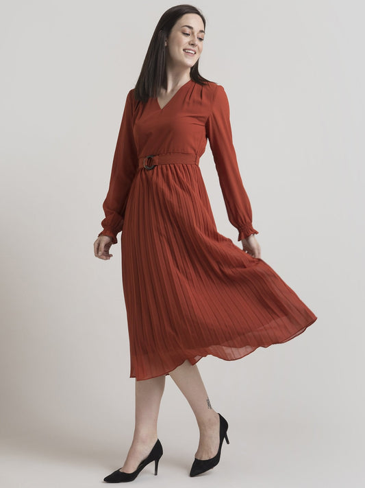 V Neck Pleated Fit and Flare Dress - Rust