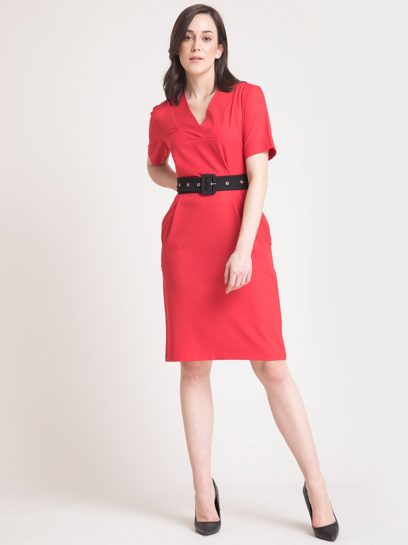 V Neck Belted Shift Dress - Red