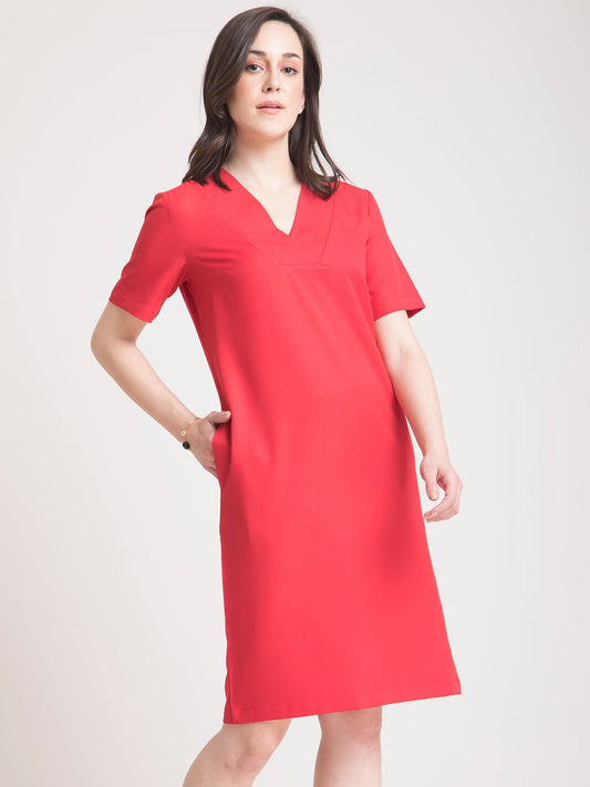 V Neck Belted Shift Dress - Red
