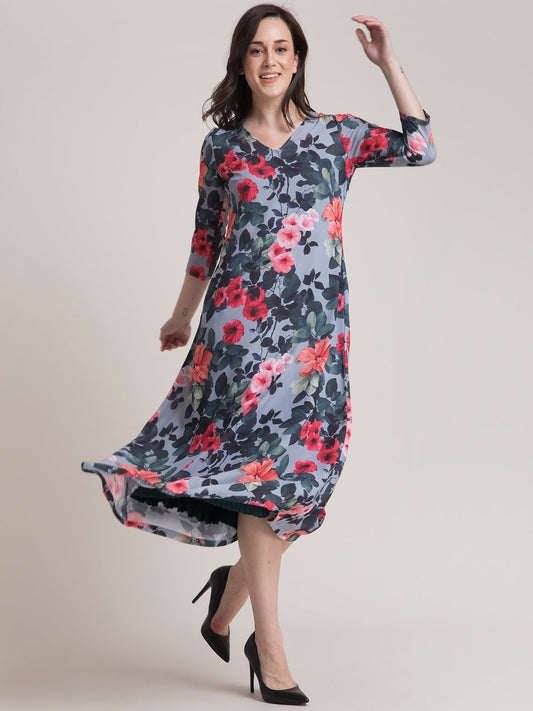 V Neck Floral A Line Dress - Grey and Red