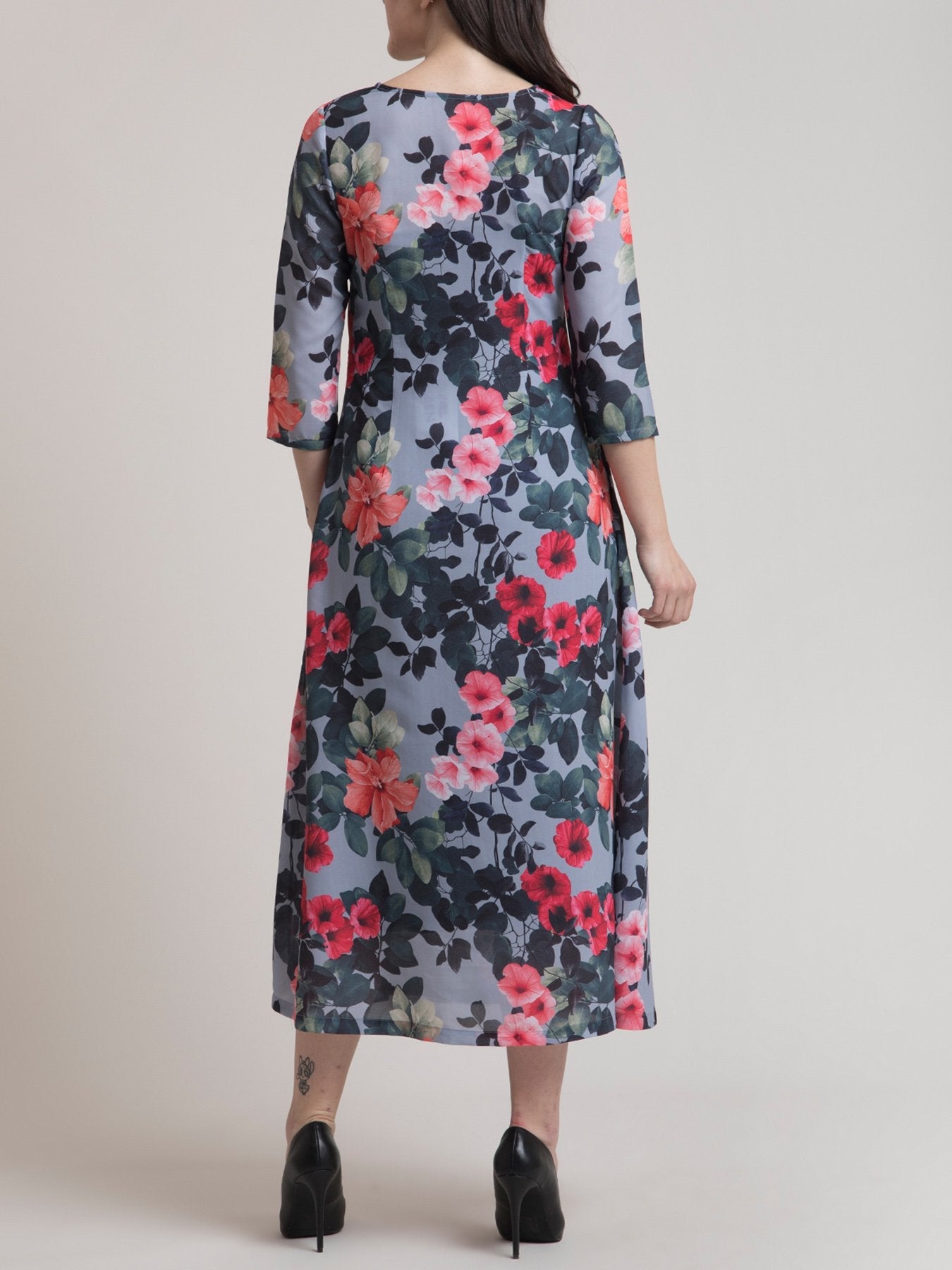 V Neck Floral A Line Dress - Grey and Red