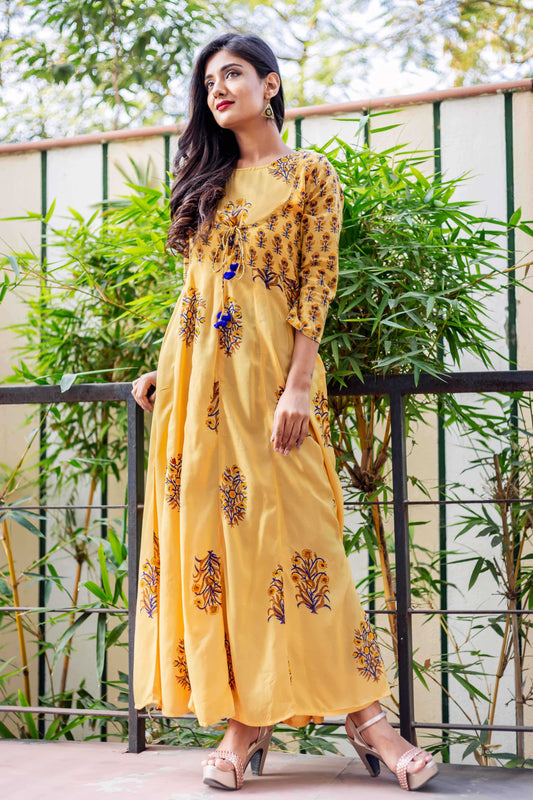 Yellow Rayon Hand Block Printed Designer Long Anarkali Dress