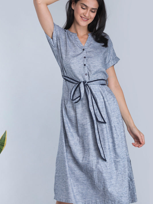 A Line Dress With Tie Up - Blue