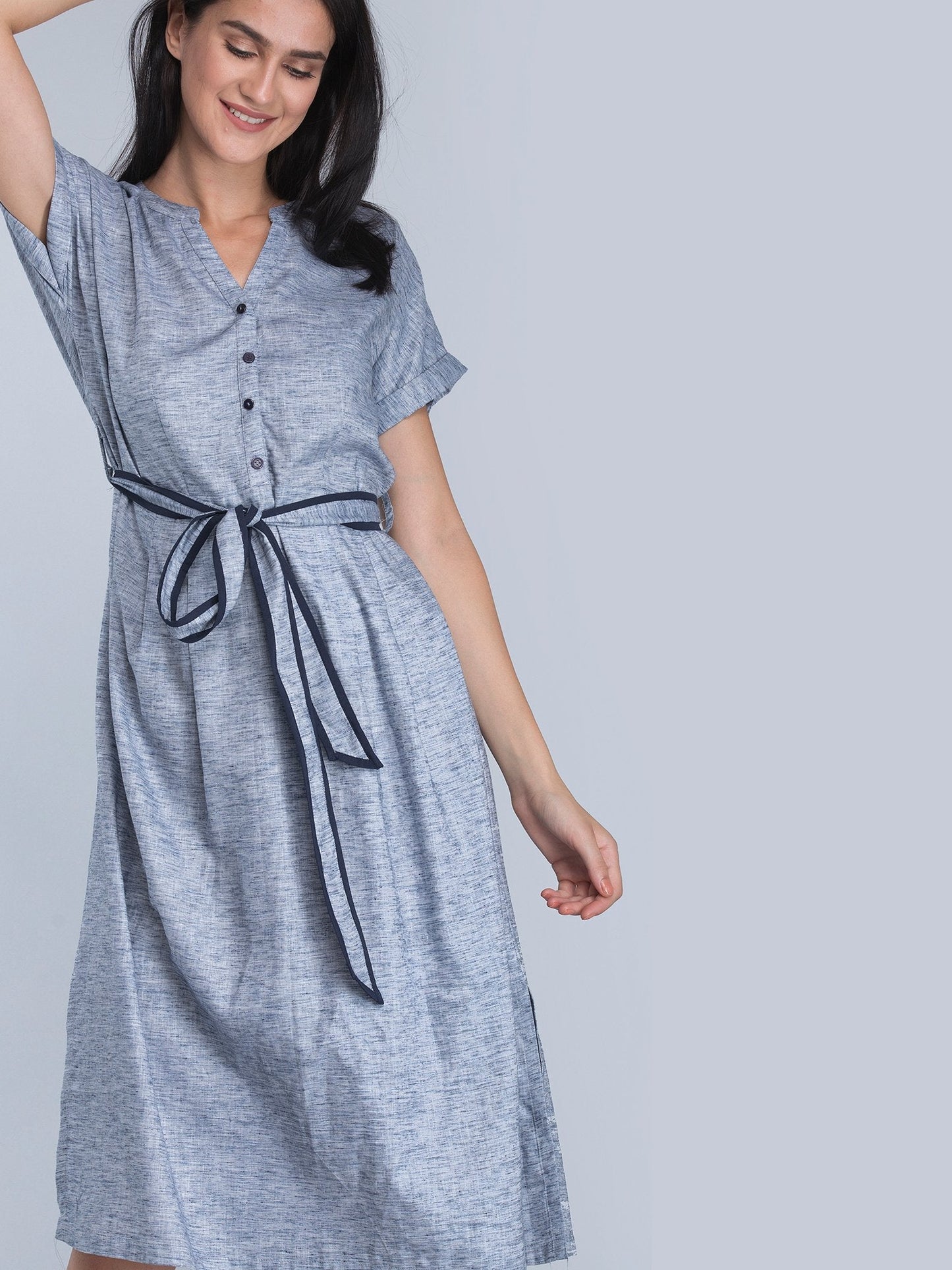 A Line Dress With Tie Up - Blue