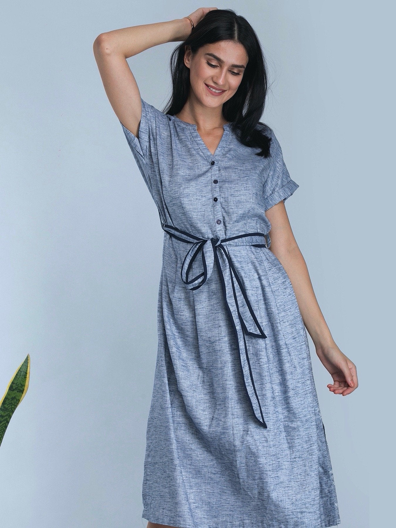 A Line Dress With Tie Up - Blue