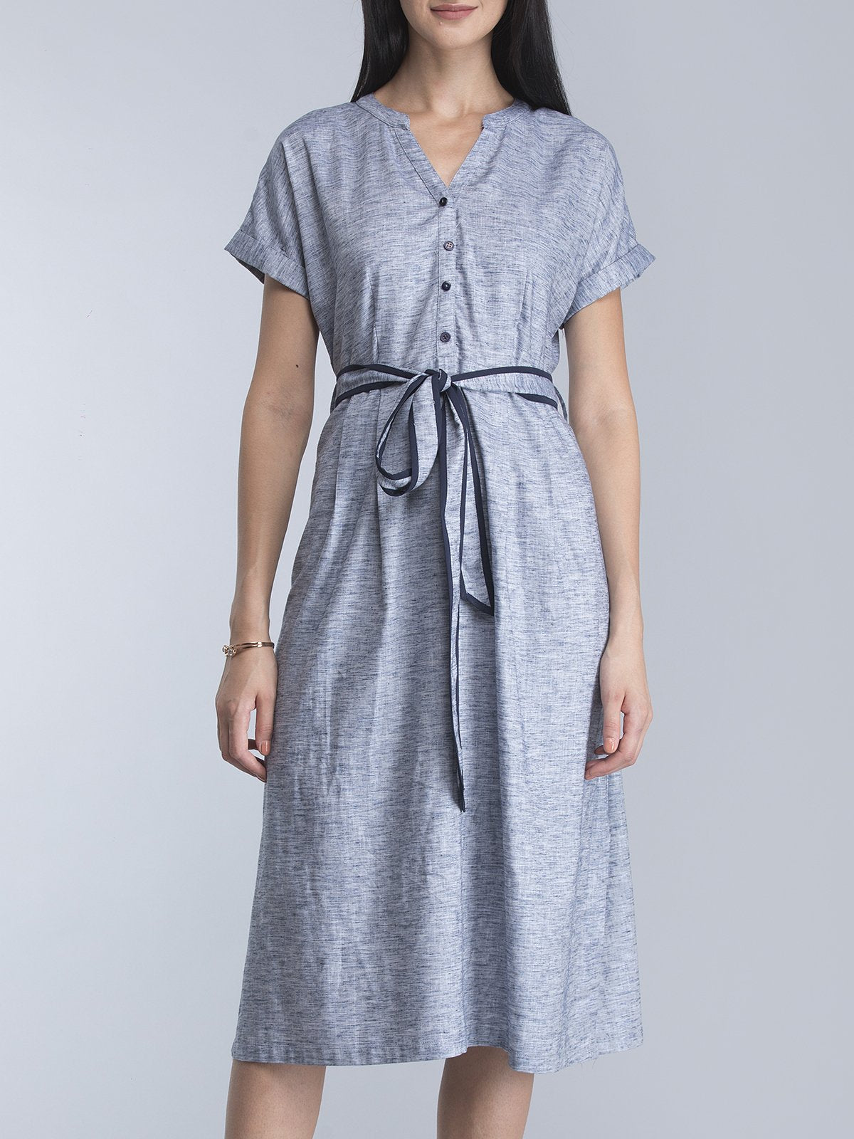 A Line Dress With Tie Up - Blue