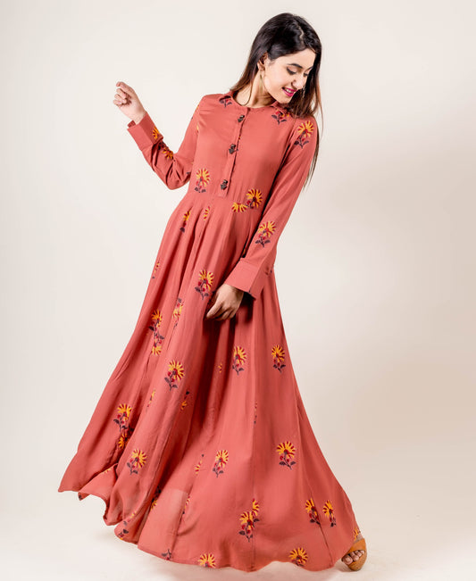 Anarkali Style Gown With Fancy Buttons In Rust Hue