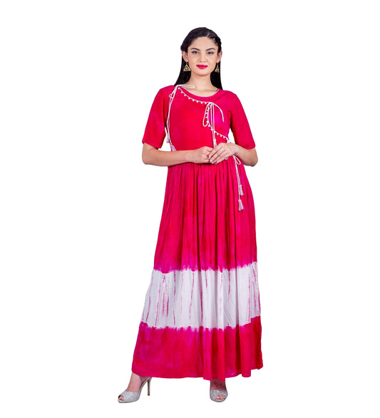 Fuchsia / White Tie and Dye Tasseled Angrakha Style Indo Western Dress