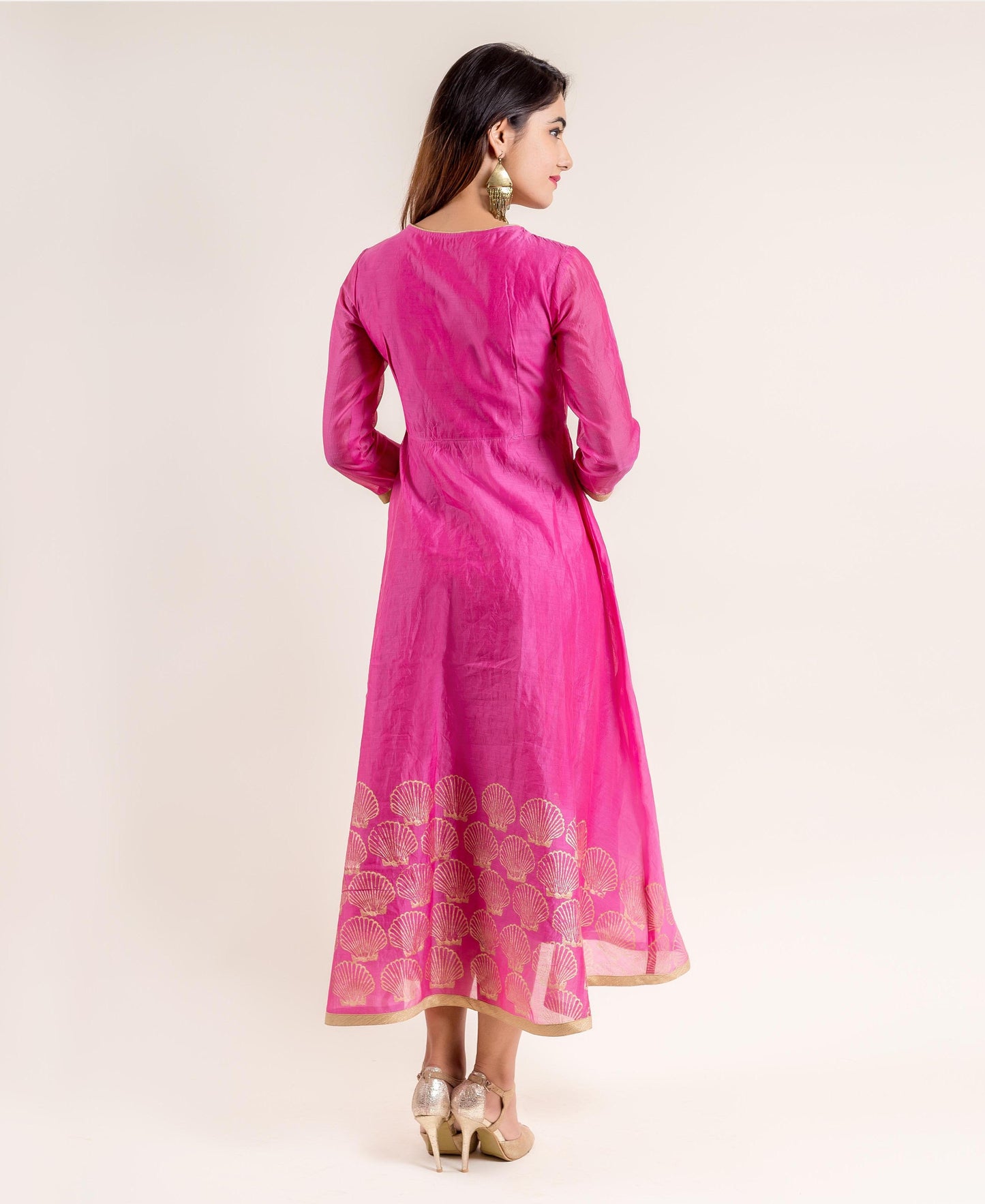 Pink Angrakha Style Chanderi Hand Block Printed Dress