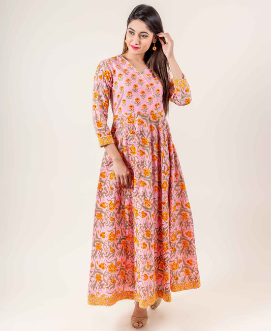 Angrakha Style Floral Hand Block Printed Indo Western Dress In Orange And Pink
