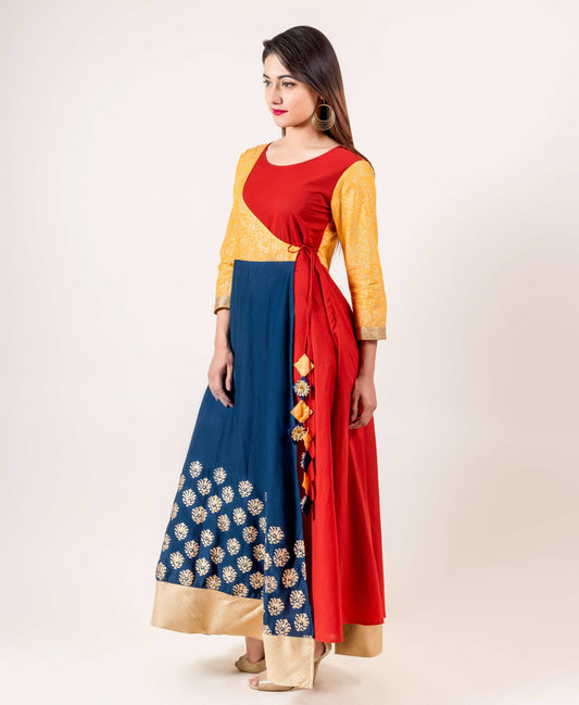 Brightly Colored Tasseled Angrakha Style Floor Length Gown