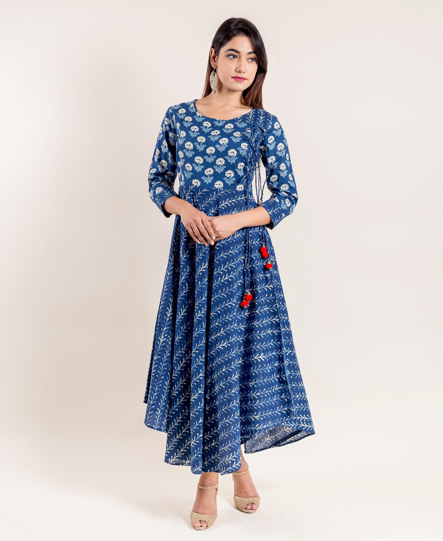 Indigo Angrakha Block Printed Indo Western Dress