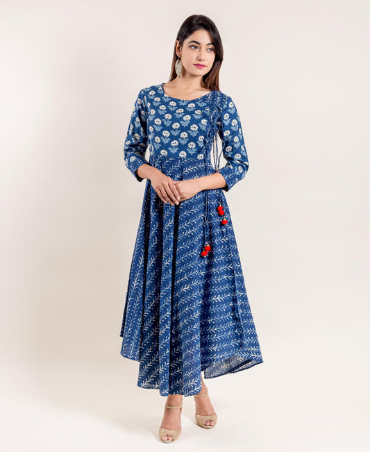Indigo Angrakha Block Printed Indo Western Dress