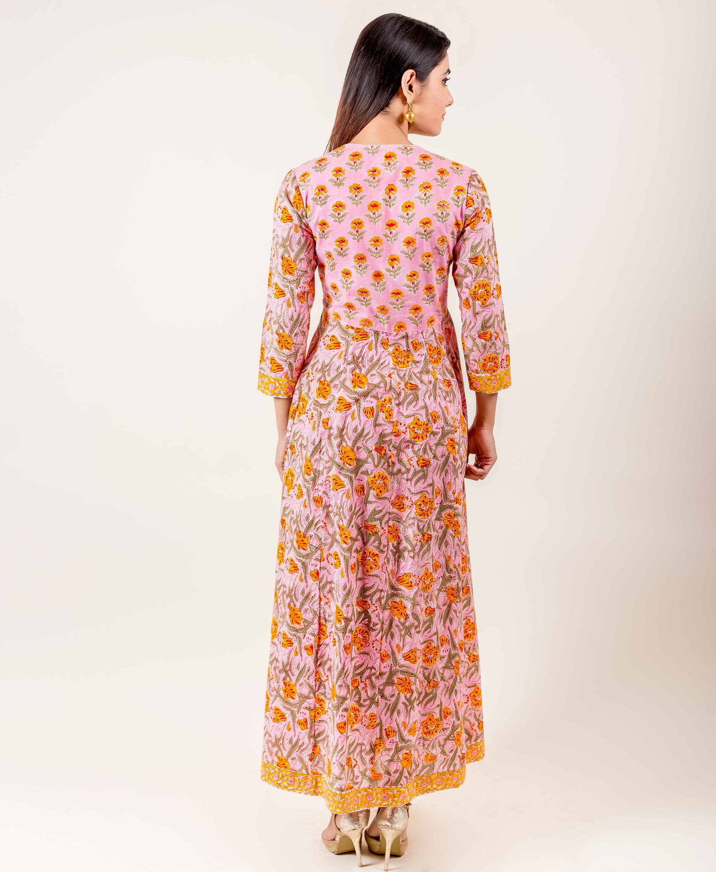 Angrakha Style Floral Hand Block Printed Indo Western Dress In Orange And Pink