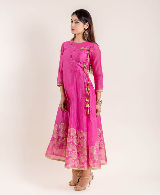Pink Angrakha Style Chanderi Hand Block Printed Dress