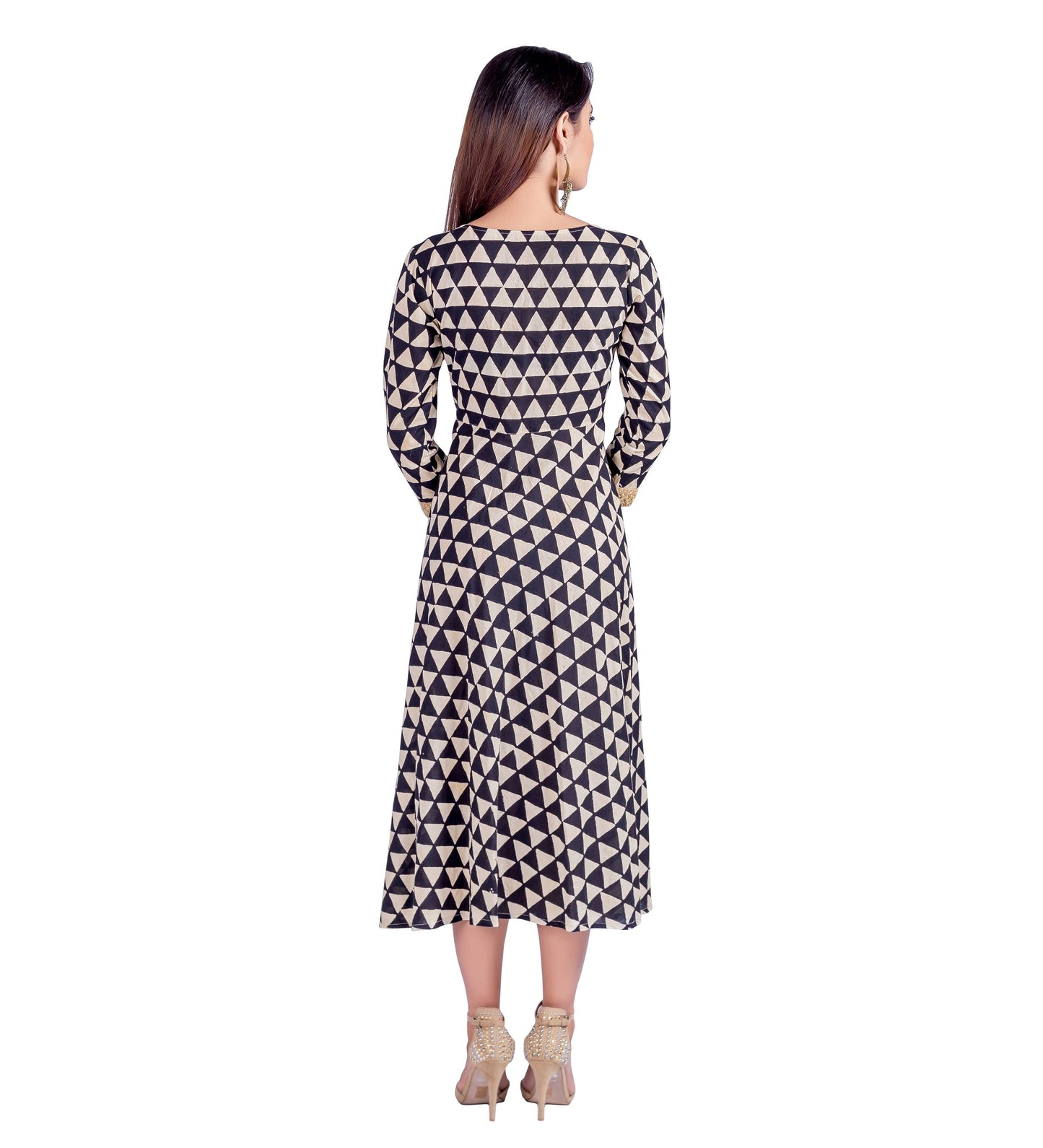 Hand Block Printed Angrakha Dress with Embroidered Sleeves