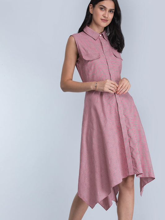 Asymmetric Hem Check Shirt Dress - Red and White