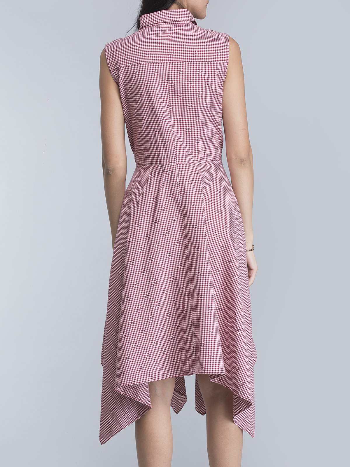 Asymmetric Hem Check Shirt Dress - Red and White