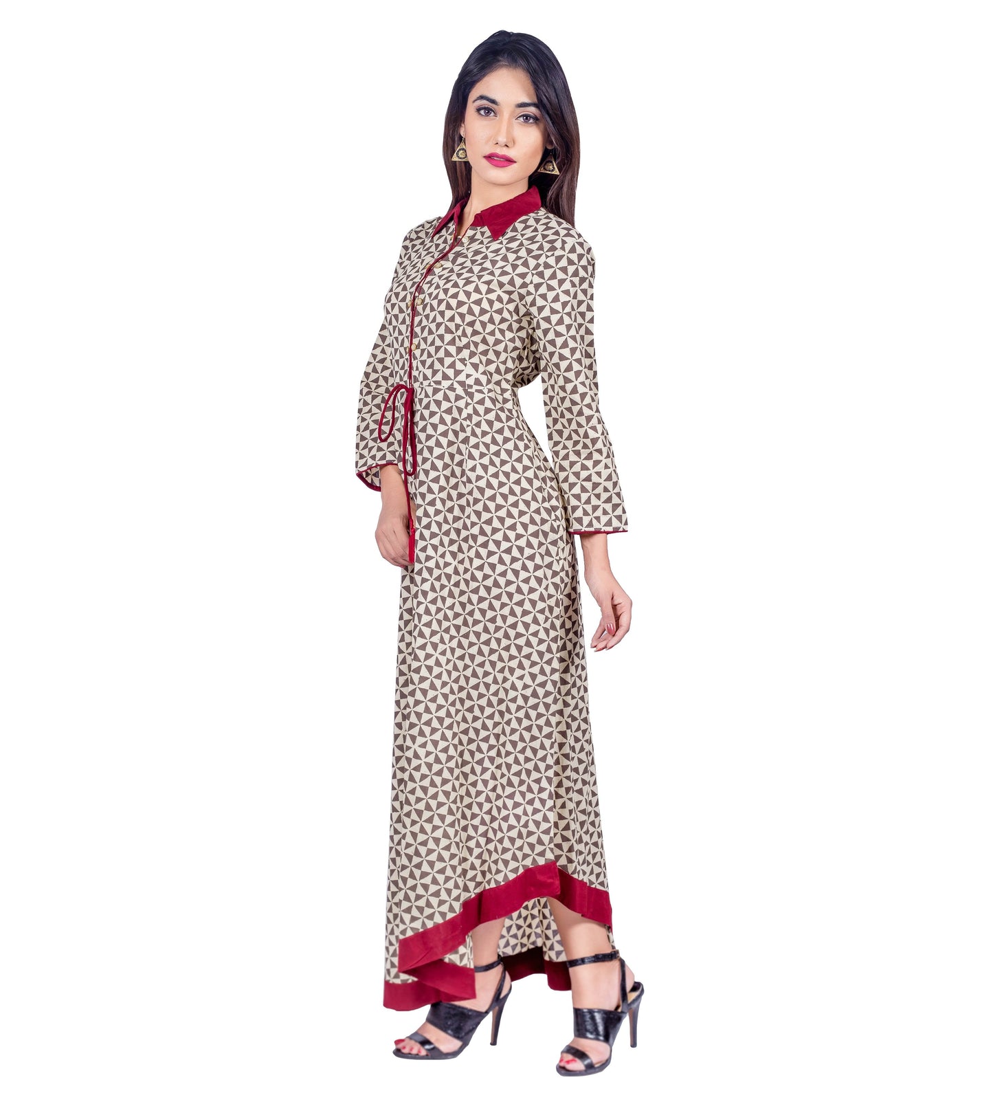Hand Block Printed Collar Neck Asymmetrical Dress