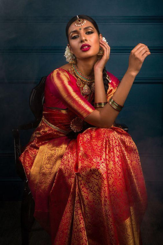Valiba Red Kanchipuram Silk Woven Bridal Saree