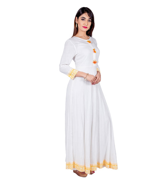 White / Yellow Indo Western Maxi Dress with Front Tassels