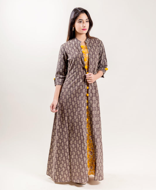Brown and Mustard Hand Block Printed Double Layered Long Jacket Dress