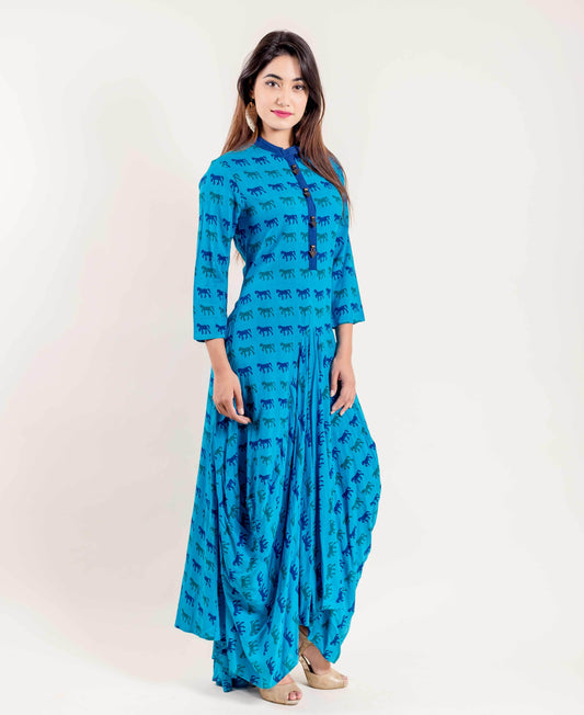 Blue Hand Block Print Indo Western Gown With Cowl Hemline