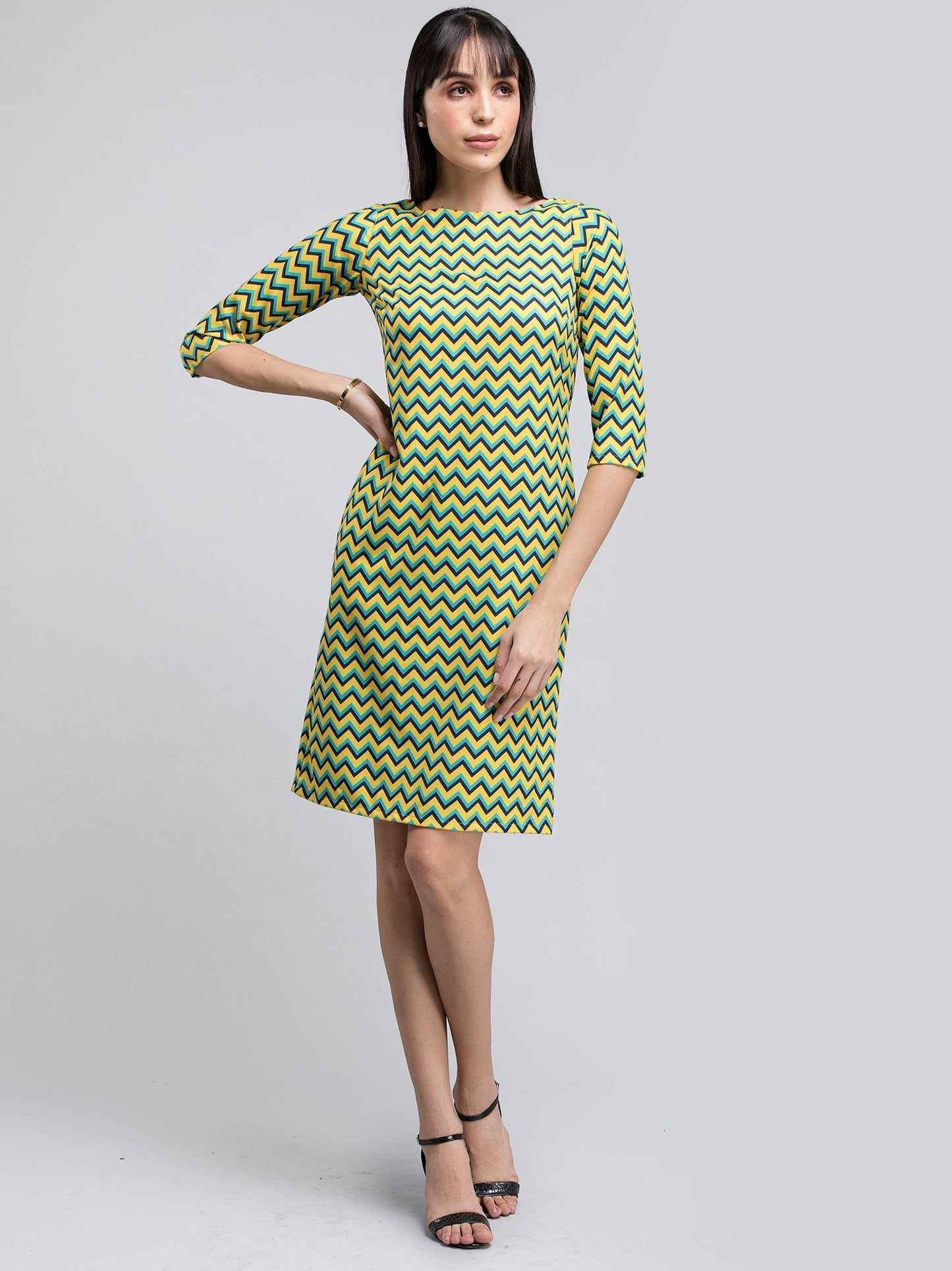 Boat Neck Chevron Shift Dress - Yellow and Blue
