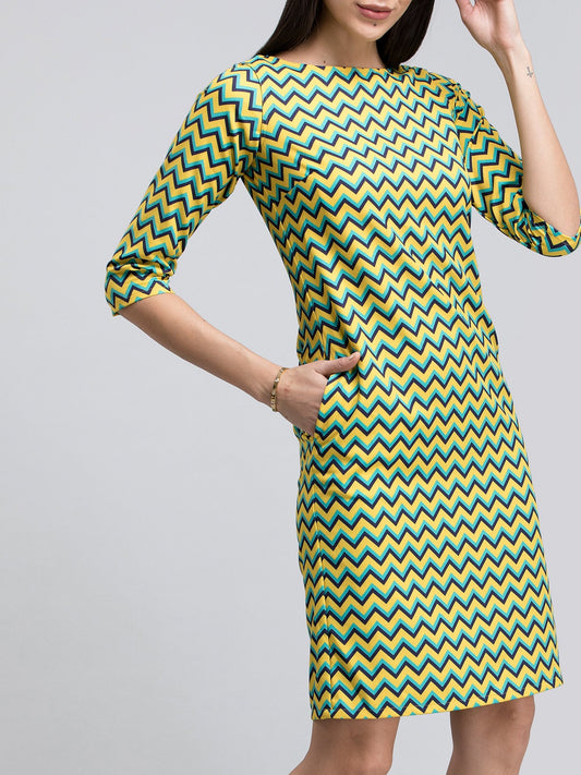 Boat Neck Chevron Shift Dress - Yellow and Blue