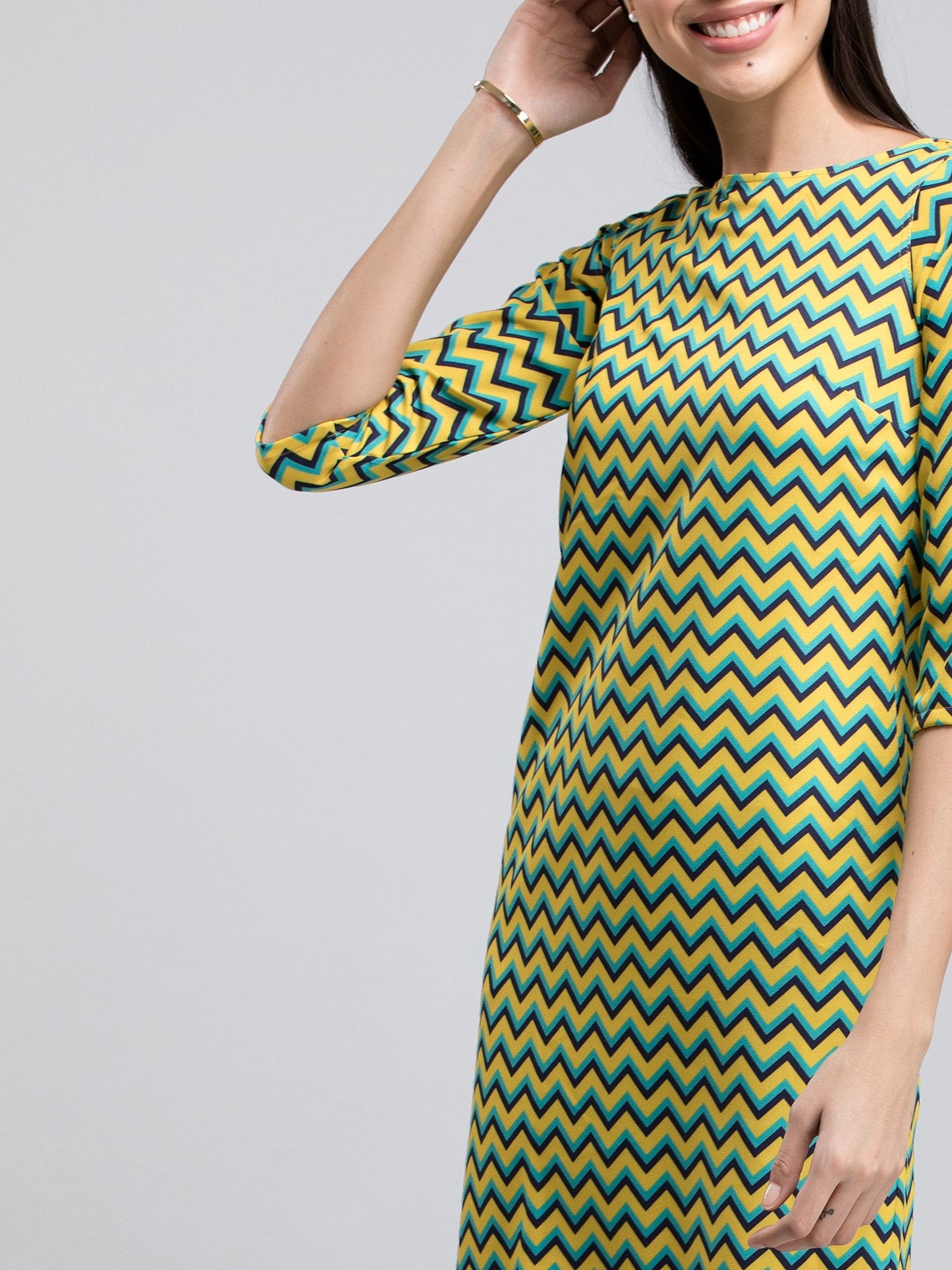 Boat Neck Chevron Shift Dress - Yellow and Blue