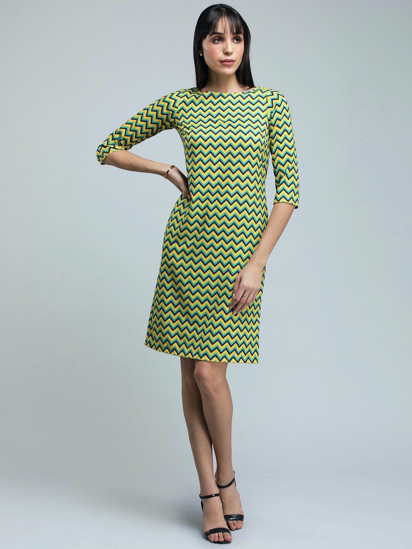 Boat Neck Chevron Shift Dress - Yellow and Blue