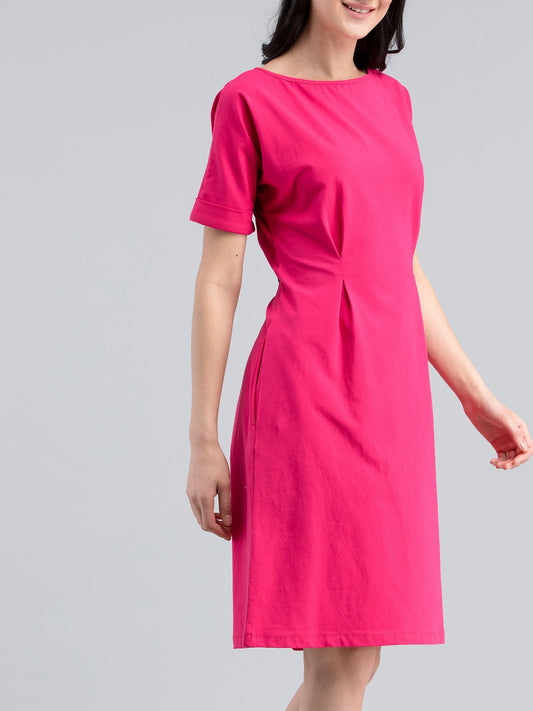 Boat Neck Drop Shoulder Knitted Fit & Flare Dress - Pink