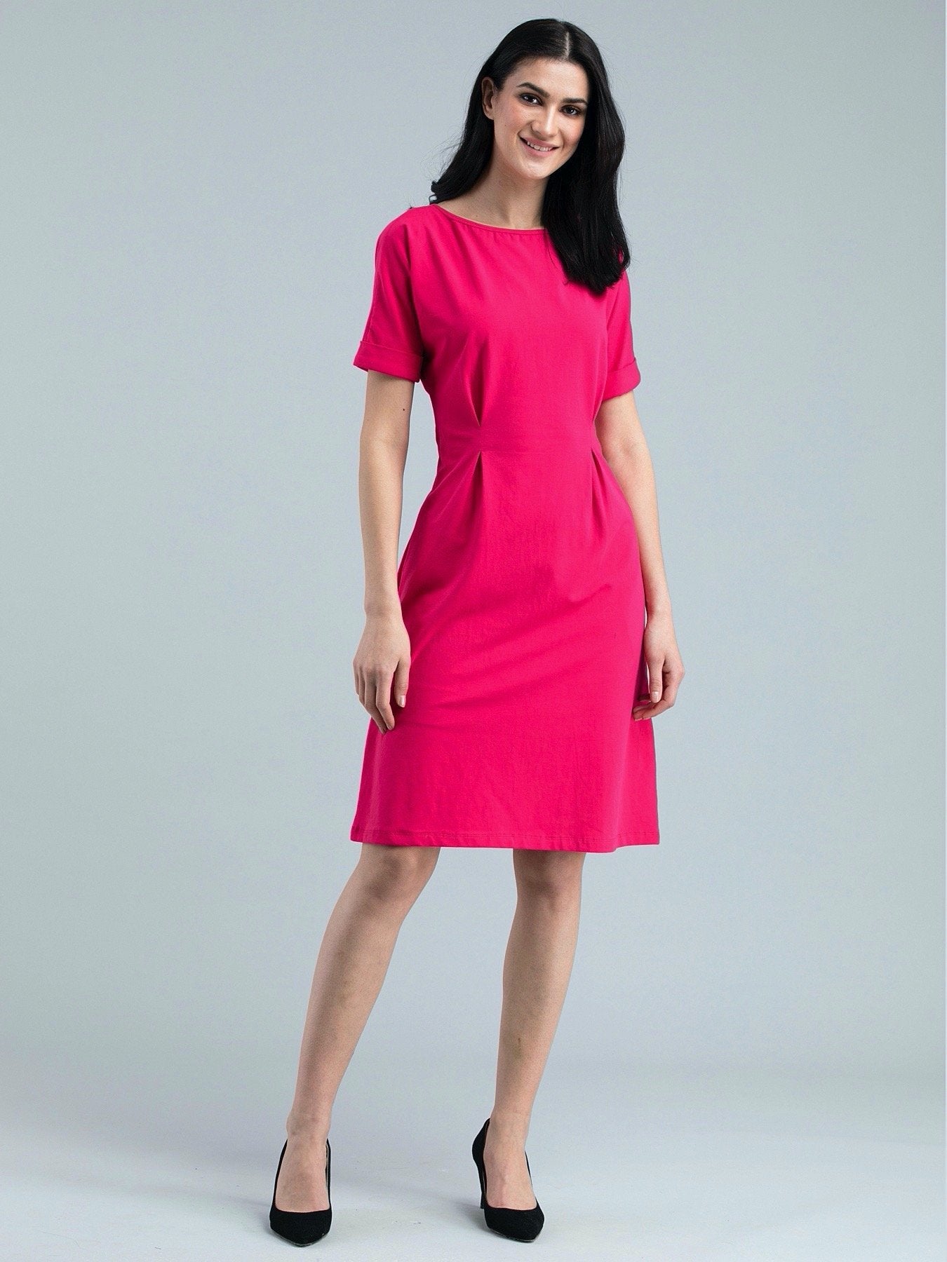 Boat Neck Drop Shoulder Knitted Fit & Flare Dress - Pink