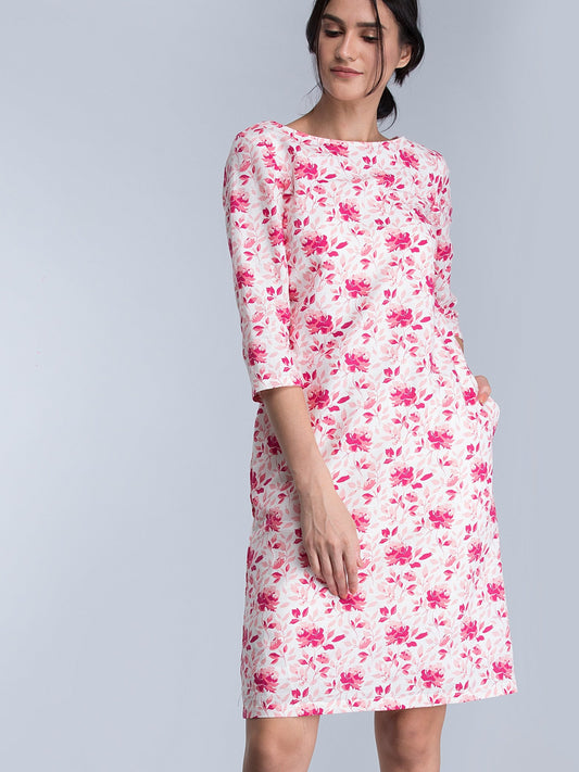 Boat Neck Floral Shift Dress - Pink