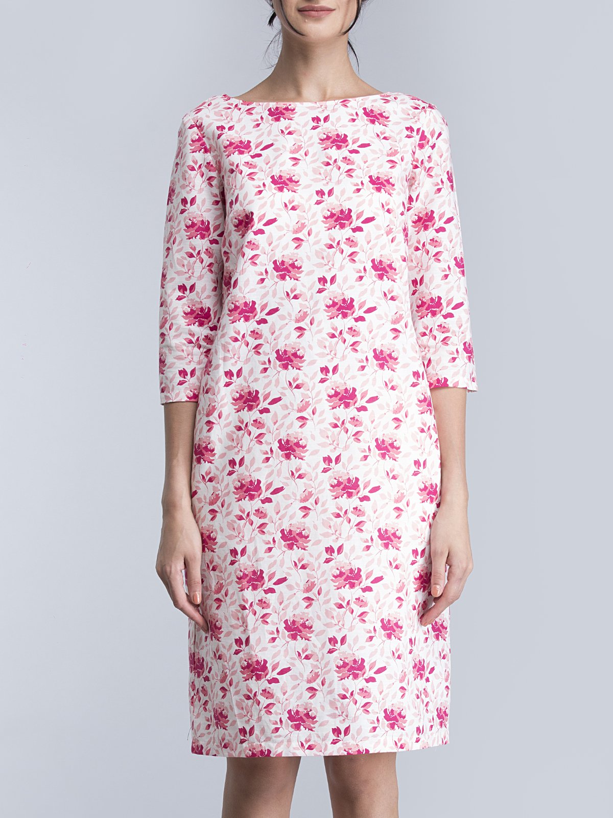 Boat Neck Floral Shift Dress - Pink