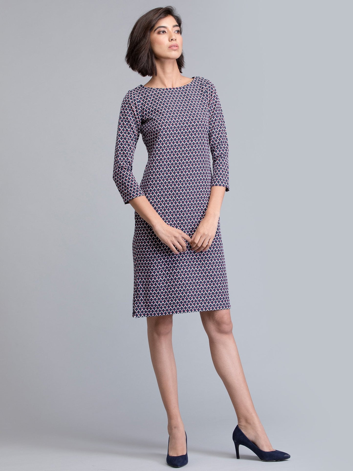 Boat Neck Geometric Print Shift Dress - Blue