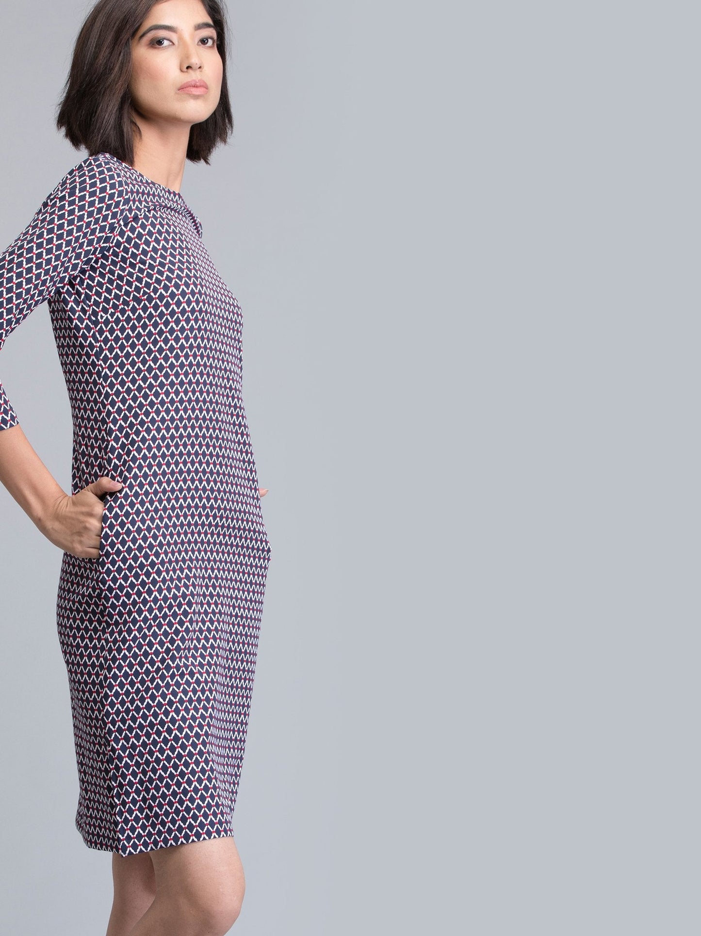 Boat Neck Geometric Print Shift Dress - Blue