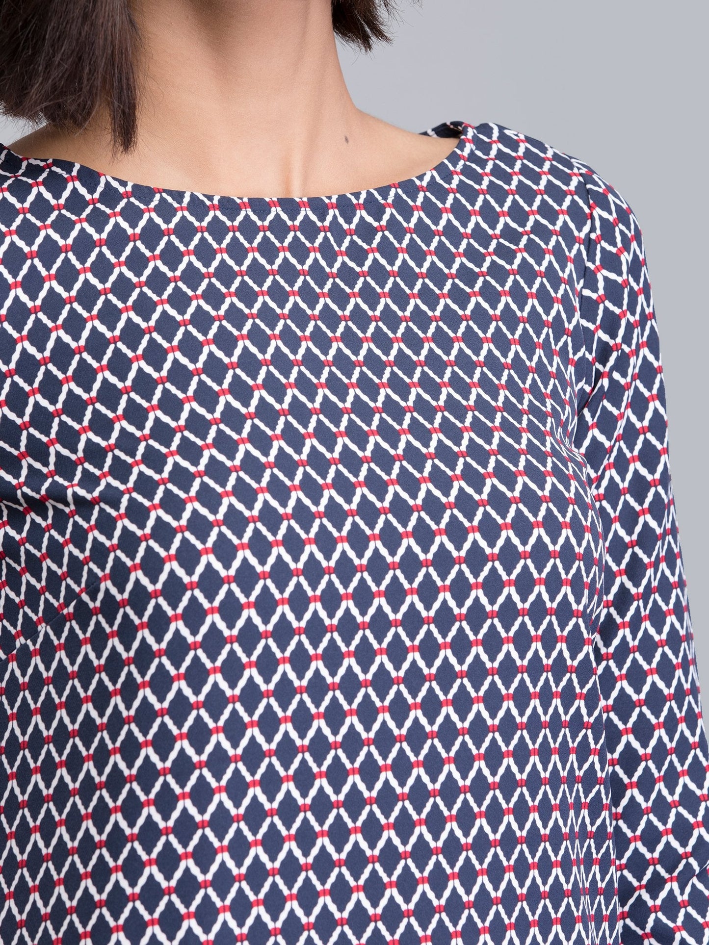 Boat Neck Geometric Print Shift Dress - Blue