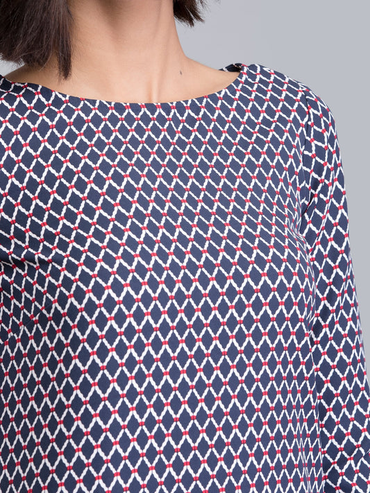 Boat Neck Geometric Print Shift Dress - Blue